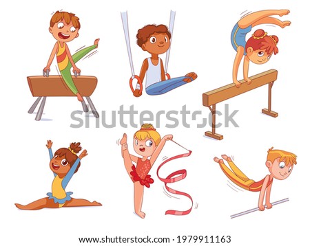 Rhythmic gymnastics. Kids Artistic gymnastics ( Balance beam, Still rings, Pommel horse, Horizontal or high bar ). Colorful cartoon characters. Funny vector illustration. Isolated on white background