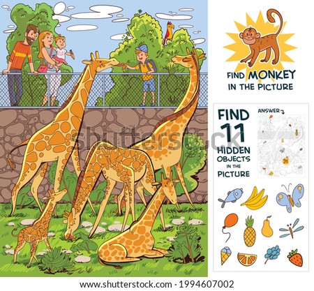 People feed giraffes at the zoo. Find monkey. Find 10 hidden objects in the picture. Puzzle Hidden Items. Funny cartoon character. Vector illustration. Set