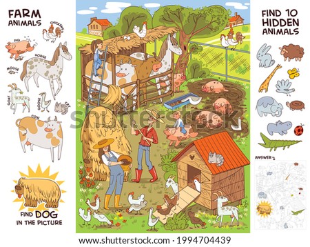 Farm life and farm animals. Find all farm animals. Find 10 hidden objects in the picture. Puzzle Hidden Items. Funny cartoon character. Vector illustration. Set