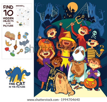 Children in halloween costumes. Trick or Treat. Find where Cat is hiding. Find 10 hidden objects in the picture. Puzzle Hidden Items. Funny cartoon character. Vector illustration