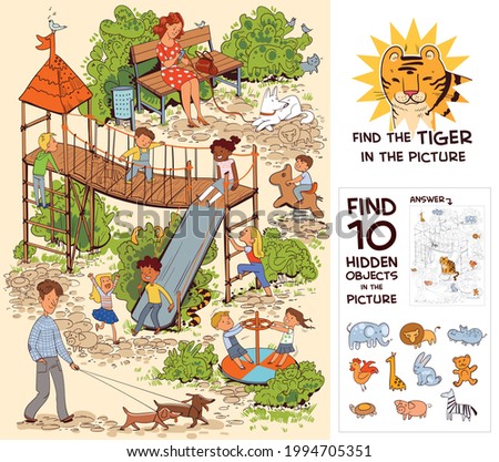 Children in the playground. Find the Tiger in the picture. Find 10 hidden objects in the picture. Puzzle Hidden Items. Funny cartoon character. Vector illustration