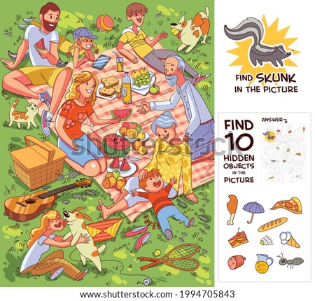 Family at picnic. Find 10 hidden objects in the picture. Find Skunk. Puzzle Hidden Items. Funny cartoon character. Vector illustration