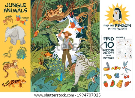 Explorer in Indian jungle stands among hidden animals. Find all animals in picture. Find 10 hidden objects in picture. Find Penguin. Puzzle Hidden Items. Funny cartoon character. Vector Set