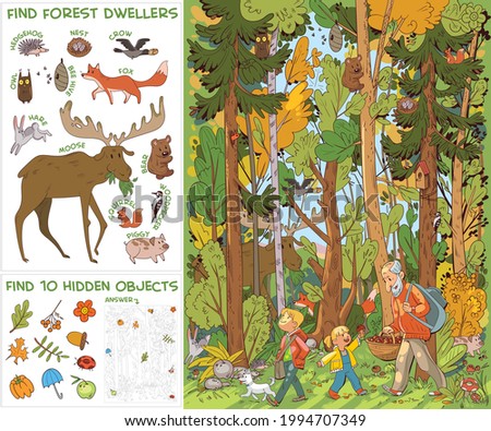 Grandfather and grandchildren and dog go to forest for mushrooms. Find all animals in picture. Find 10 hidden objects in picture. Puzzle Hidden Items. Funny cartoon character. Vector illustration. Set