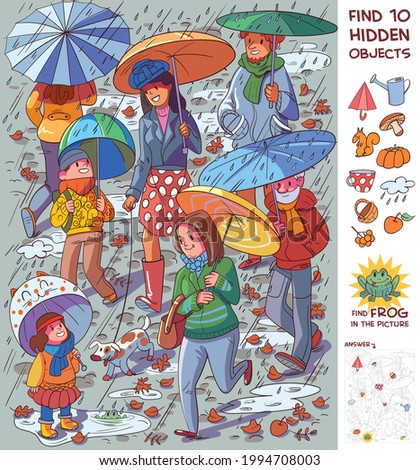People with umbrellas in the rain. Find 10 hidden objects in the picture. Puzzle Hidden Items. Funny cartoon character. Vector illustration