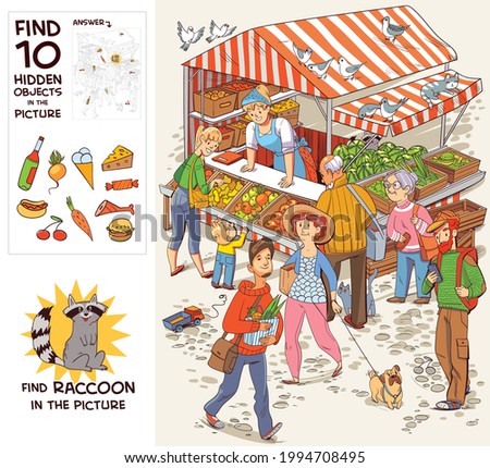 Group of people near the trade tent. Find Raccoon. Find 10 hidden objects in the picture. Puzzle Hidden Items. Funny cartoon character. Vector illustration. Set
