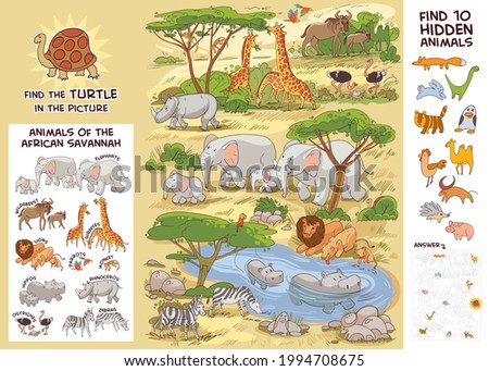 Animals of the African savannah. Find all animals in picture. Find where the turtle is hiding. Find 10 hidden objects in picture. Puzzle Hidden Items. Funny cartoon character. Vector illustration. Set