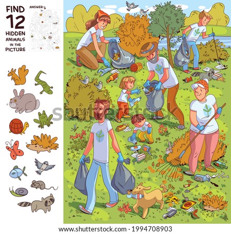 Family collects garbage on nature. Find all the animals in the picture. Find 12 hidden objects in the picture. Puzzle Hidden Items. Funny cartoon character
