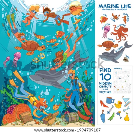 Diving and snorkeling. Underwater life. Find all marine animals in the picture. Find 10 hidden objects in the picture. Puzzle Hidden Items. Funny cartoon character. Vector illustration