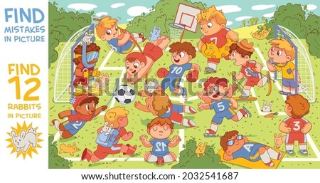 Children are playing football. Find mismatch. Find artist mistakes. Find 12 rabbits in the picture. What's going on here. Puzzle Hidden Items.  Funny cartoon character. Vector illustration. Set
