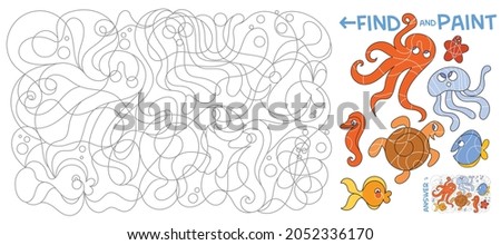 Find and paint. Children puzzle. Kids coloring book. Marine life. Underwater life. Find all marine animals in the picture. Find hidden objects. Puzzle Hidden Items. Vector illustration