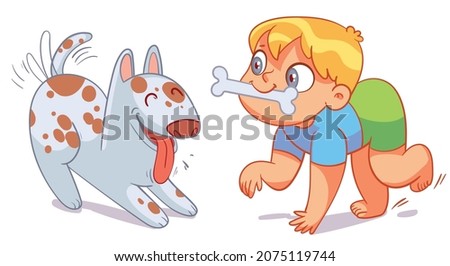 Boy holding bone like a dog. Child playing with his puppy. Colorful cartoon characters. Funny vector illustration. Isolated on white background