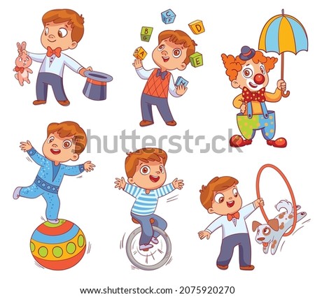 Little boy performs different circus tricks. Clown. Juggler. Magician. Acrobat. Animal trainer. Colorful cartoon characters. Funny vector illustration. Isolated on white background. Set