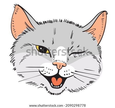 Cat portrait drawing. Feline grin. Cat stuck out his tongue and winks with one eye. Cartoon characters. Funny vector illustration. Isolated on white background