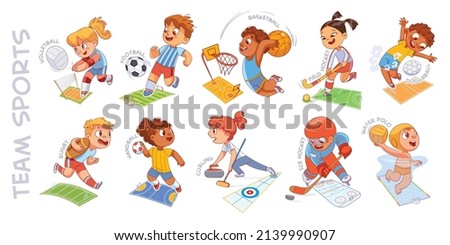 Team sport. Volleyball, football, basketball, hockey, dodgeball, rugby, handball, curling, water polo. Colorful cartoon characters. Funny vector illustration. Isolated on white background. Set