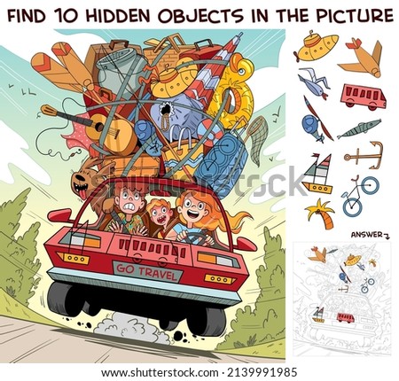Travel by car on family vacation. Find 10 hidden objects in the picture. Puzzle Hidden Items. Funny cartoon character. Vector illustration. Set Stock foto © 