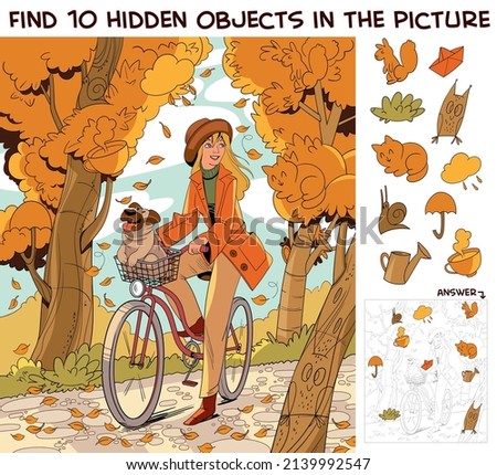 Girl riding a bike in autumn park. Find 10 hidden objects in the picture. Puzzle Hidden Items. Funny cartoon character. Vector illustration. Set Stock foto © 