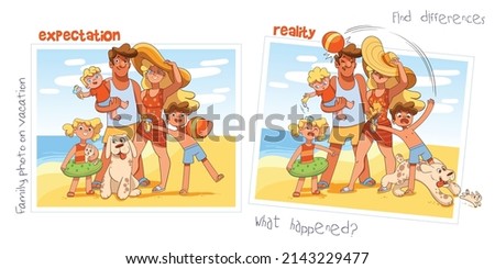 Expectation Reality. Find 10 differences. Family photo on holiday. What happened on vacation. Something went wrong. Colorful cartoon characters. Funny vector illustration. Isolated on white background Foto d'archivio © 