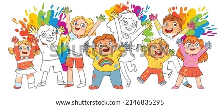 Black and white images magically turn into color. Children jumping from colorful paint fireworks in the background. Concept art for a coloring book. Funny cartoon characters. Vector illustration