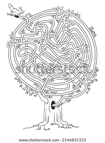 Help the little squirrel through the maze. Black and white cartoon characters. Funny vector illustration. Isolated on white background