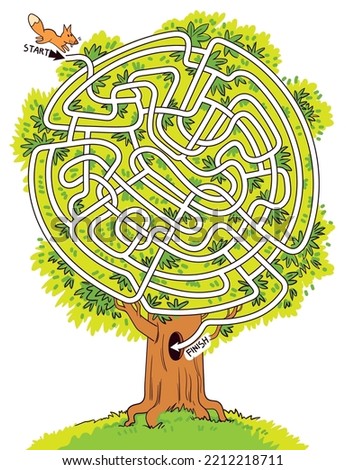 Help a little squirrel through a maze shaped like branches and a tree. Children puzzle. Kids maze. Colorful cartoon characters. Funny vector illustration. Isolated on white background