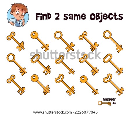 Key. Find two same objects. Educational game for children. Cartoon vector illustration. Isolated on white background