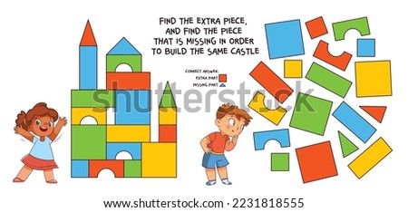 Find the extra piece, and find the piece that is missing in order to build the same castle. Educational game for children. Colorful cartoon characters. Funny vector illustration. Isolated on white