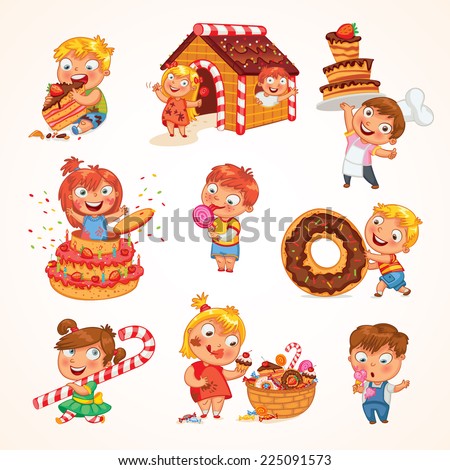 Sweet tooth. Cute toddler boy eating ice-cream. Boy soiled himself cake. Pastry chef brings sweetness. Pretty girl jump out of a large birthday cake. Gingerbread house. Funny cartoon character. Set
