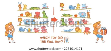Find the differences puzzle game. Which toy did the girl buy? Find hidden objects in the picture. Puzzle Hidden Items. Educational game for children. Colorful cartoon characters. Funny illustration