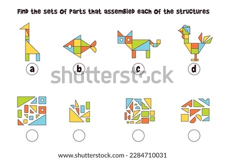 Find the sets of parts that assembled each of the structures. Matching game. Educational game for children. Colorful vector illustration. Isolated on white background