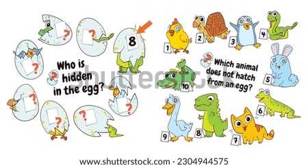 Who is hidden in the egg? Which animal does not hatch from an egg? Puzzle Hidden Items. Matching game. Educational game for children. Colorful cartoon characters. Funny vector illustration. Set