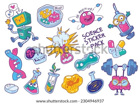 Science sticker pack. Set of funny characters for science. Friendly robot, dna molecule, bacteria in a petri dish, explosion in a test tube, insect in amber. Comics style. Colorful cartoon mascot