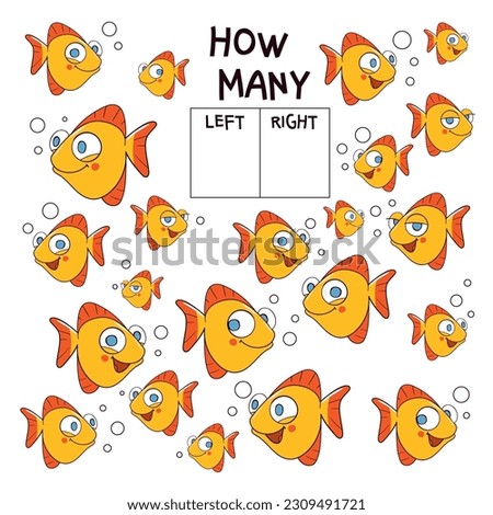 How many fish swim left and right. Matching game. Educational game for children. Attention task. Colorful cartoon characters. Funny vector illustration. Isolated on white background