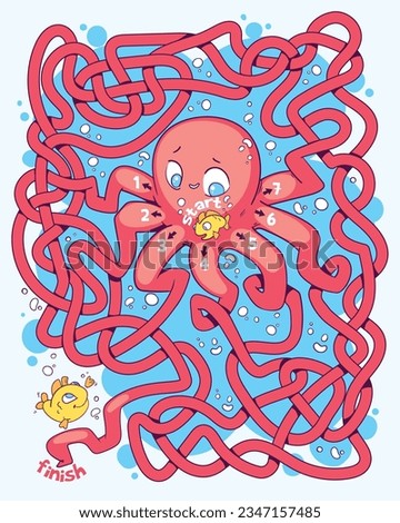 Cute octopus with long tangled tentacles. Children logic game to pass the maze. Educational game for kids. Attention task. Choose right path. Funny cartoon character. Vector illustration. Worksheet