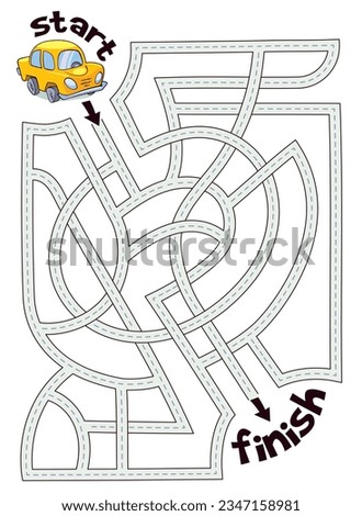 Children logic game to pass the maze. Car is on its way to finish line. Educational game for kids. Attention task. Choose the right way. Cartoon character. Vector illustration. Isolated on white