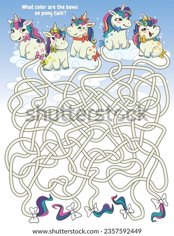Children logic game to pass maze. What color are the bows on pony tails? Cute ponies sit on clouds. Educational game. Attention task. Choose right path. Funny cartoon character. Worksheet page