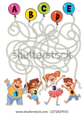 Children logic game to pass maze. Kids holding balloons. Educational game for kids. Attention task. Choose right path. Funny cartoon character. Worksheet page