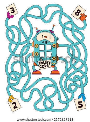 Logic game for kids with cute robot. Maze for children. Educational game for kids. Attention task. Choose right path. Funny cartoon character. Worksheet page. Vector illustration. Isolated on white 