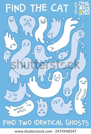 Find two identical ghosts. Find the cat. Extra item. Educational game for kids. Attention task. Worksheet page. Activity book. Funny cartoon character. Vector illustration