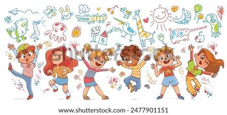 Children painting freehand doodles with crayon. Kids draw on the wall. Children joyfully jumping, dancing and grimace at camera. Art education in elementary school. Funny cartoon character