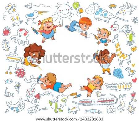 Set of baby doodles. Children draw funny scribbles in the background. Colorful cartoon character. Funny vector illustration. Template for your design