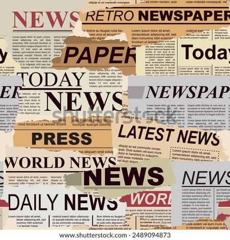 Randomly scattered scraps of old newspapers. Scraps of old newspapers with tattered edges. Newspaper Headlines - World News, Press, Today, Daily News. Seamless pattern. Vector illustration. Set