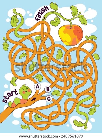 Children logic game to pass the maze. Help caterpillar through labyrinth. Educational game for kids. Attention task. Choose right path. Funny cartoon character. Worksheet page. Vector illustration