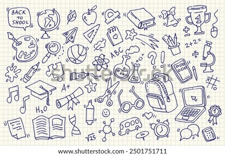 School doodles on notebook sheet. Back to school. School supplies and elements are drawn on a notebook page. Hand-drawn vector illustrations.