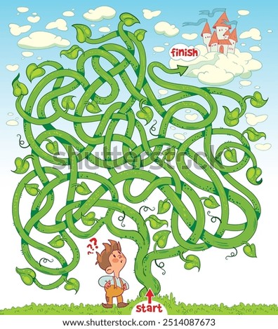 Beanstalk. Children logic game to pass the maze. Help boy through labyrinth. Educational game for kids. Attention task. Choose right path. Funny cartoon character. Worksheet page. Vector illustration