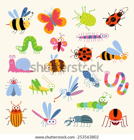 Set funny insects. Cartoon character. Isolated on white background. Wasp, bee, bumblebee, butterfly, worm, caterpillar, beetle, ladybug, grasshopper, fly, mosquito, dragonfly, spider, snail, ant