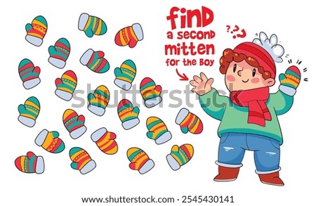 Find two same items. Find a second mitten for the boy. Find other pair. Educational game for kids. Funny cartoon character. Worksheet page. Vector illustration. Isolated on white background