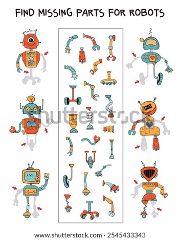 Find missing parts for the robots. Pick the right part. Funny cartoon characters. Educational game for kids. Attention task. Worksheet page. Activity book. Vector illustration. Isolated background