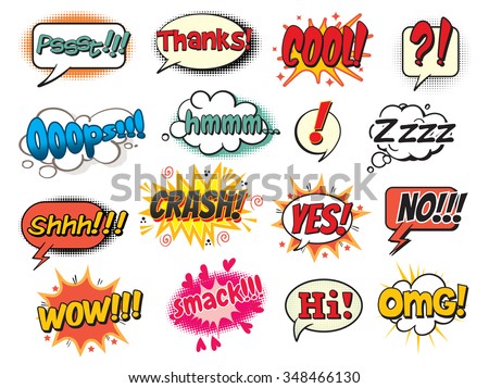 Cool, smack, oops, wow, thanks, yes, no, hi, crash, omg, hmm, psst, shh! Bubble template for comics. Pop art comics style. Vector illustration. Isolated on white background