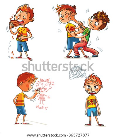 Bad behavior. Two schoolboys are fighting. Boy eating messily. Boy soiled clothes. Boy writes on a wall. Funny cartoon character. Vector illustration. Isolated on white background. Set